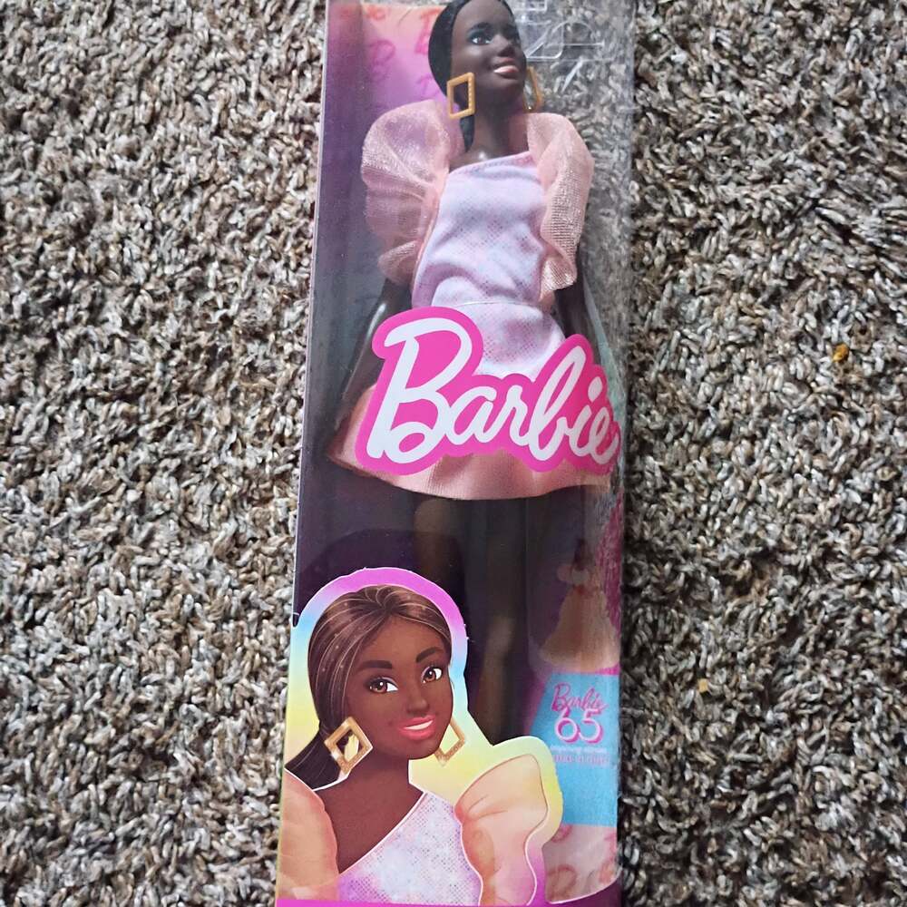 Barbie Fashionistas Doll #216 with Tall Body & Black Hair in Pink & Peach  Dress
